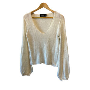 MINKPINK Cream V Neck Loose Knit Lightweight Bubble Sleeve Pullover Sweater XS